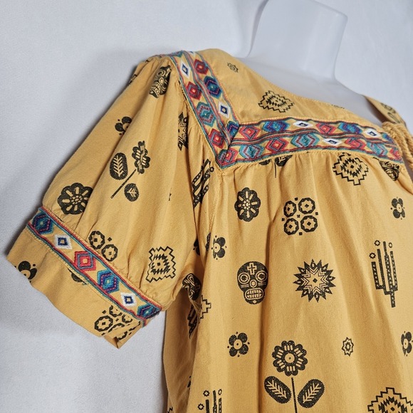 Ryan Michael Top Women's XL Mustard Embroidered Southwestern AOP Tie Neck Cotton - Picture 9 of 13